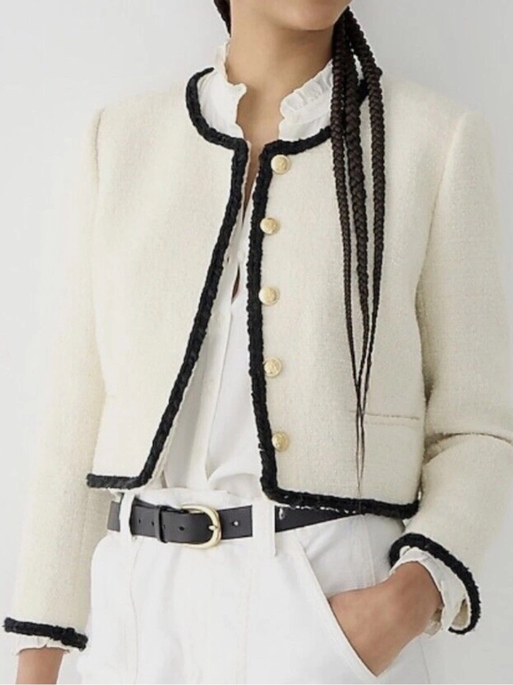 J. Crew Louisa Tweed Lady Jacket Cream Black Trim